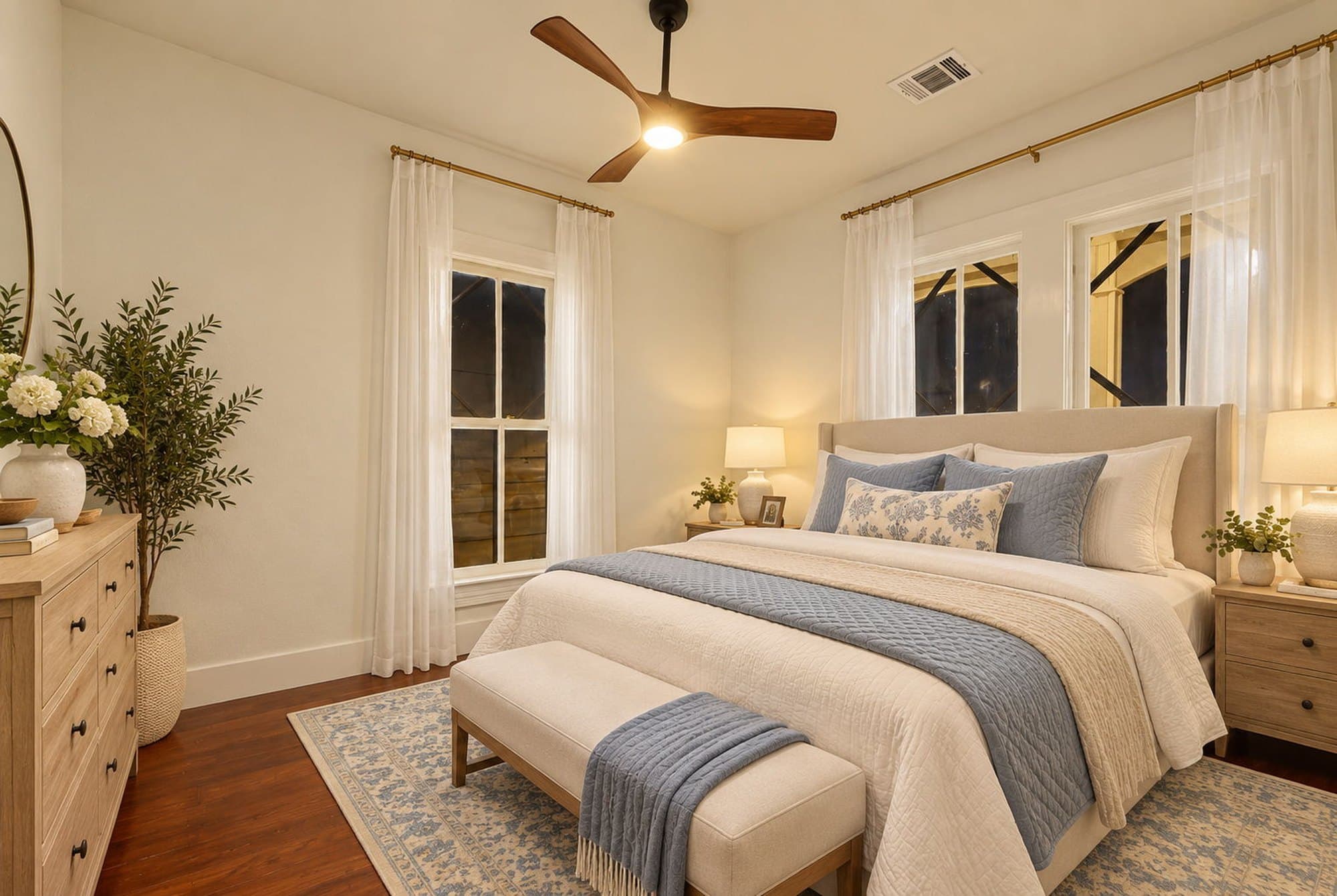 Primary bedroom with layered bedding and warm evening light
